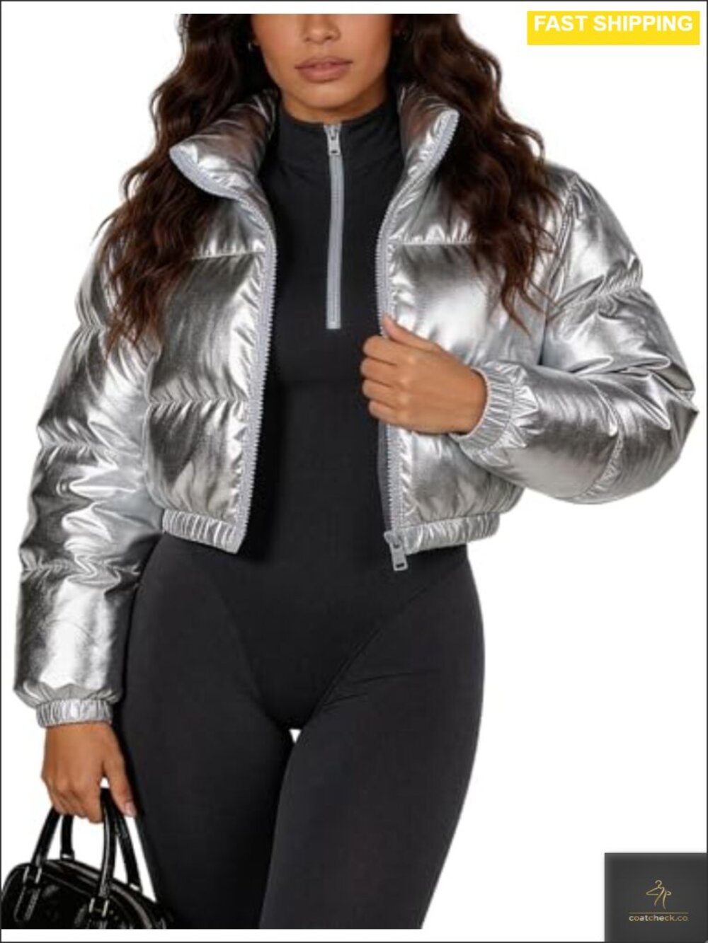 Women's Metallic Shiny Cropped Puffer Jacket Y2K